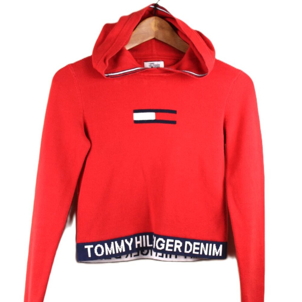 TOMMY HILFIGER Retro (2014) Cropped Hooded Pullover Knit Sweater in Red - Small